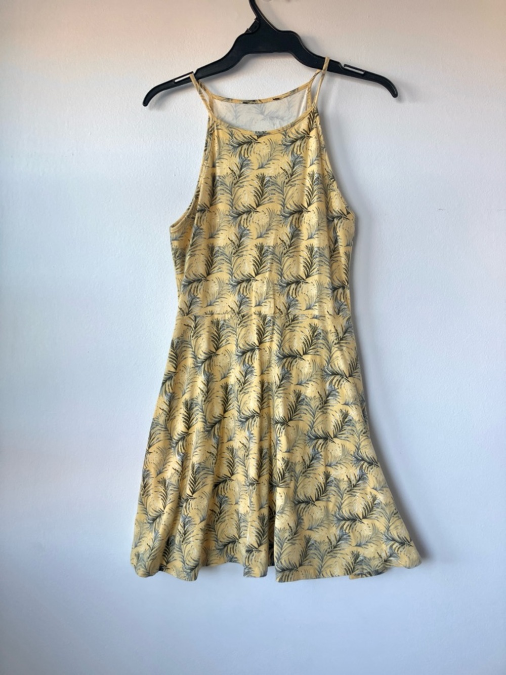 Yellow Palm-Print Halter Summer Dress